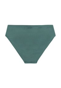 Grüner, strukturierter High-Waist-Bikini-Slip mit einem subtilen horizontalen Linienmuster und kleinem Markenlogo, das mittig nahe des Bunds platziert ist.