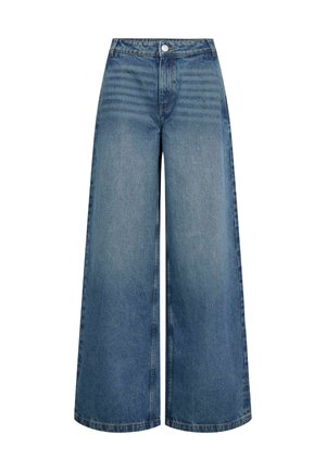 Platas kājas džinsi vidēji zilos denimos ar nedaudz izbalējušiem akcentiem. Augsts viduklis, pogu aizdare un klasiskā piecu kabatu dizains. Ievērojamas šuvju detaļas.