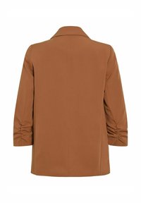 Veste marron à manches longues de style blazer avec manches froncées, col et ourlet droit au dos.