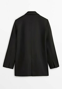 Black tailored blazer with a single vent, notched lapel, and long sleeves. Smooth fabric with a structured fit and minimalist design.