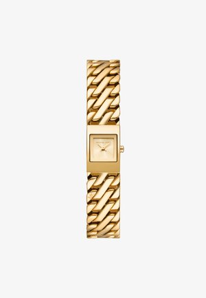 Relógio de pulso em metal dourado com mostrador quadrado e pulso em elos texturizados. Apresenta um mostrador minimalista e o nome da marca gravado.