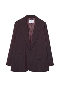 Blazer violet foncé avec des fines rayures verticales, deux poches frontales, revers crantés, et une doublure en satin lisse.