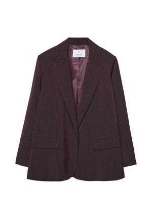 Blazer viola scuro con sottili righe verticali, due tasche frontali, revers a scendere e fodera interna in satin liscia.