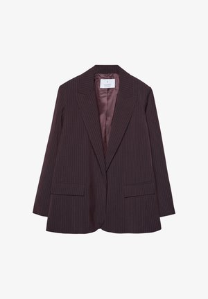 Dunkelvioletter Blazer mit feinen vertikalen Streifen, zwei Vorderaschen, Reverskragen und glatter Satin-Innenauskleidung.