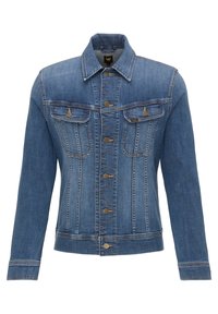 Veste en jean bleu moyen au design classique. Comprend quatre poches avant, des boutons en métal et des détails de couture contrastants.