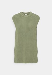 Gilet sans manches en tricot vert clair avec encolure ronde côtelée et motif texturé sur toute la surface.