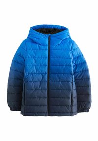 Veste rembourrée dégradée bleue, avec une capuche, une fermeture éclair et des poignets élastiques. Le tissu extérieur présente une texture géométrique.