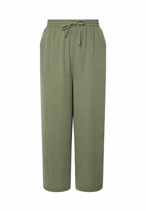 Pantaloni leggeri color verde oliva con vita elasticizzata, cordoncino regolabile e gambe larghe e cropped. Tessuto liscio, senza motivi.