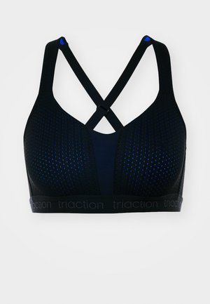 Schwarzer Sport-BH mit Mesh-Design und blauen Akzenten, ausgestattet mit Überkreuzträgern und einem elastischen Band mit Markenlogo am unteren Rand.