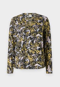 Langermet bluse i svart, med et blomstertrykk i gult, lyseblått og rosa. V-hals-design og myk, lett stoff.