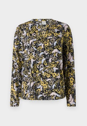 Blusa de manga larga en negro, con un estampado floral en amarillo, azul claro y rosa. Diseño de cuello en V y tejido suave y ligero.