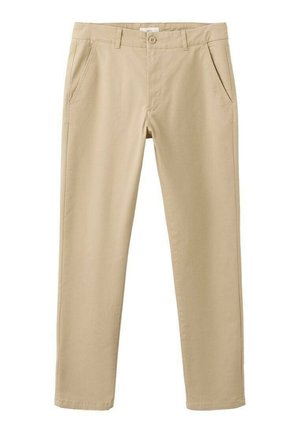 Pantaloni beige a gamba dritta con vita, chiusura con bottone, passanti per cintura e tasche laterali inclinate su sfondo bianco.