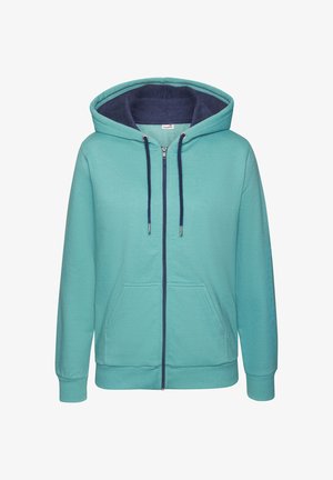 Himmelblaues Zip-Hoodie mit navyfarbener Innenseite, Kängurutaschen, Kapuze mit Kordelzug und gerippten Bündchen sowie Saum. Einfaches Design, ohne Muster.