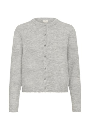 Cardigan gris clair en tricot doux, avec un col rond, des manches longues et des boutons brillants sur le devant.