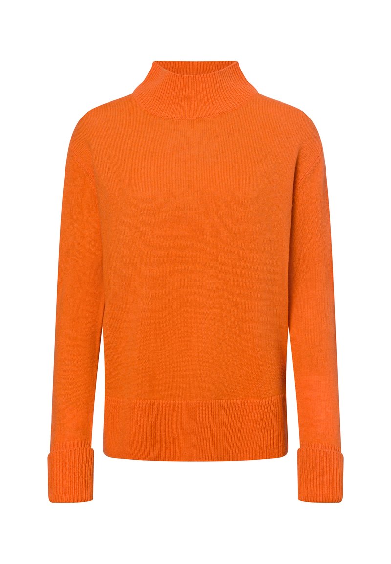 Oranje coltrui gemaakt van gebreide stof. Heeft ribgebreide manchetten en zoom, met een ontspannen pasvorm en lange mouwen.