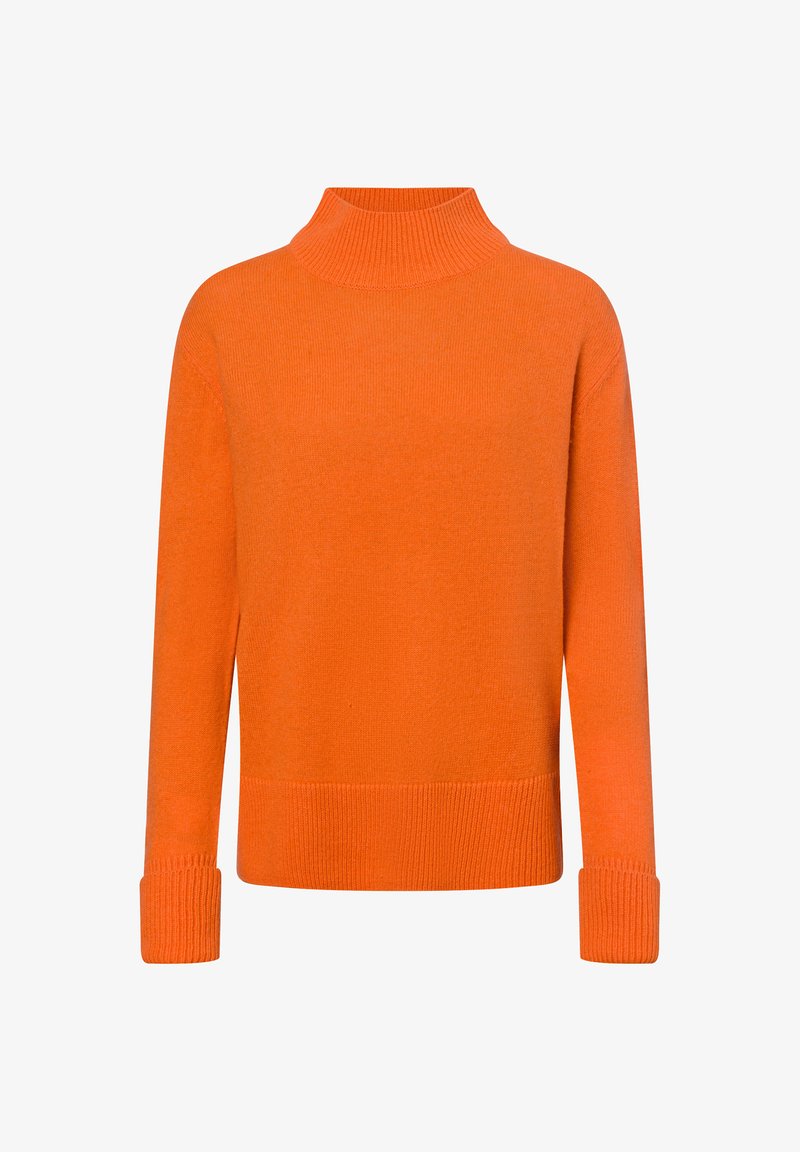 Oranje coltrui gemaakt van gebreide stof. Heeft ribgebreide manchetten en zoom, met een ontspannen pasvorm en lange mouwen.
