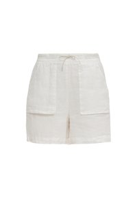 Weiße Leinen-Shorts mit einem elastischen Bund und verstellbarem Kordelzug sowie zwei Vorderseiten-Taschen. Lockere, kurze Passform, ideal für warmes Wetter.