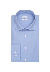 Niebieska i biała w kratę koszula z długim rękawem, z wąskim kołnierzykiem, z przodem na guziki i mankietem na guziki. Tkanina ma delikatny wzór teksturowy.