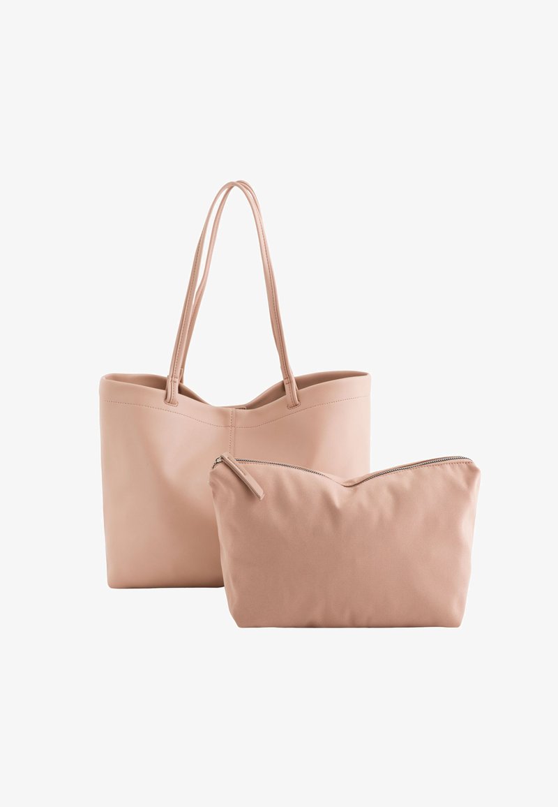Růžová kožená taška přes rameno s dvěma pevnými popruhy a odpovídajícím zipovým pouzdrem. Hladký povrch s minimalistickým designem a zaoblenými okraji.