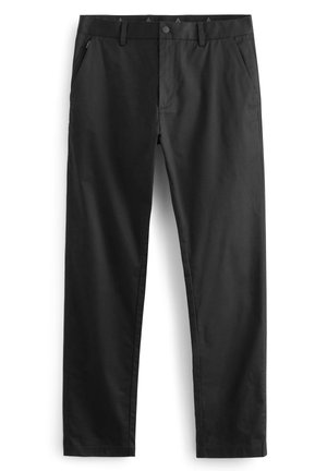 Pantaloni neri realizzati in un materiale liscio, con zip e chiusura a bottone, tasche laterali e vestibilità sartoriale.