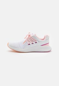 White athletic shoe with textured grey mesh, pink accents, and elastic laces. Features a rounded toe and cushioned sole with a flexible design.