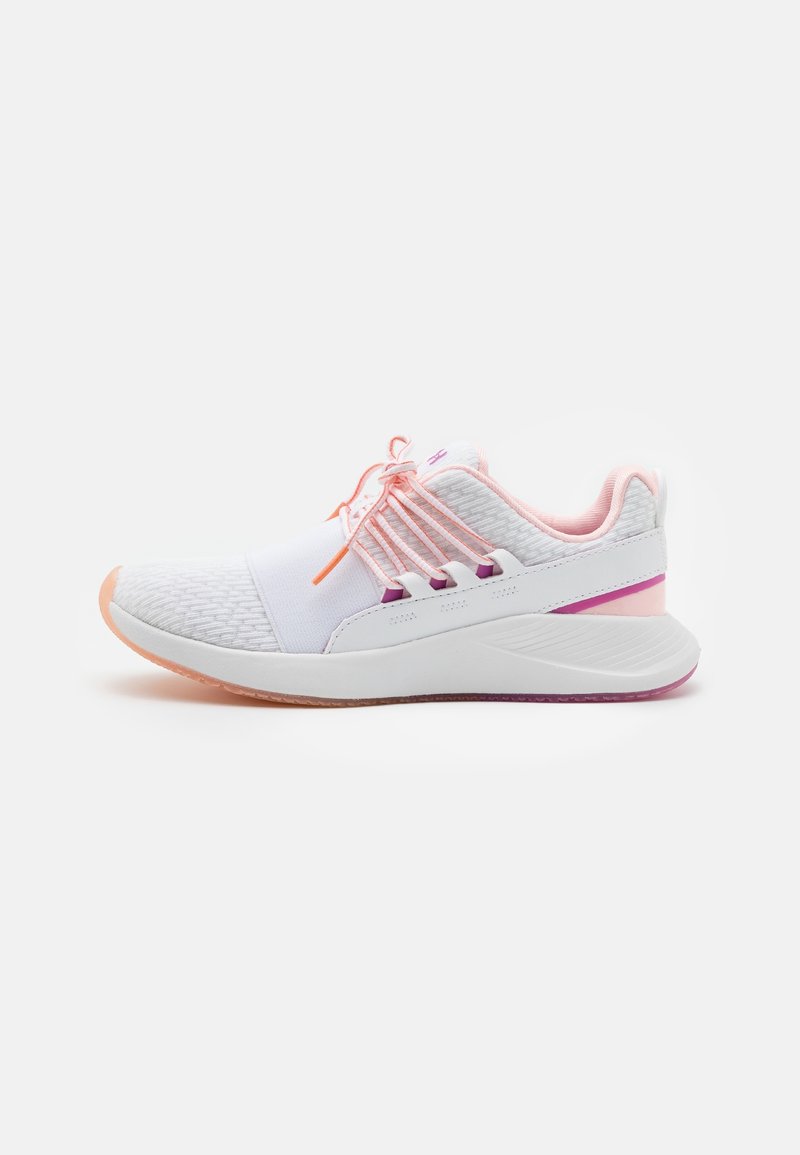 White athletic shoe with textured grey mesh, pink accents, and elastic laces. Features a rounded toe and cushioned sole with a flexible design.