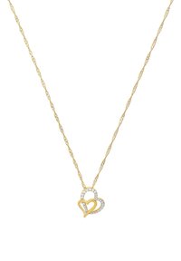 Collana in tono dorato con catena attorcigliata e pendente a cuore intrecciato. Un cuore è contornato da pietre bianche, l'altro è in oro massiccio.