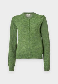 Πράσινη πλεκτή ζακέτα με στρογγυλή λαιμόκοψη, μακριά μανίκια και κουμπιά μπροστά. Υφή υφάσματος με ελαφρώς χαλαρή εφαρμογή.