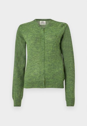 Zöld kötött kardigán kerek nyakkivágással, hosszú ujjakkal és gombos elülső résszel. Texturált anyag, enyhén laza szabás.