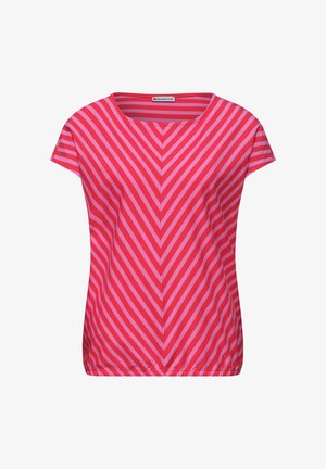 Damenbluse mit kurzen Ärmeln und pinken sowie roten diagonalen Streifen, die ein Chevron-Muster bilden, Rundhalsausschnitt und elastischem Saum.
