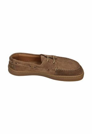 Brown suede boat shoe with round toe, lace-up front, and rubber sole, shown from the side on a white background.
