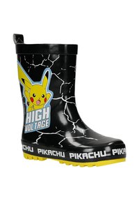 Botte de pluie noire avec motifs de fissures blancs, semelle jaune, graphique Pikachu et texte "High Voltage" sur le côté, et "Pikachu" répété sur le bord de la semelle.