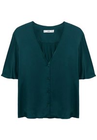 Blusa di seta color turchese con scollatura a V, maniche corte e chiusura con bottoni, caratterizzata da un sottile dettaglio arricciato sul retro. Tessuto liscio.