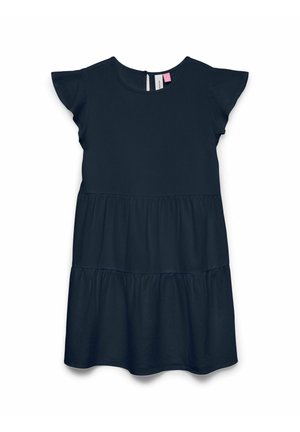 Marineblå kortærmet flæseklæde med rund halsudskæring og knaplukning bagpå, designet til piger.
