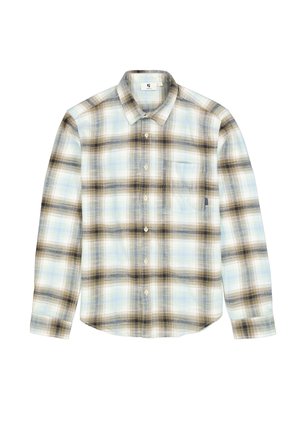 Chemise boutonnée à carreaux bleu clair, marron et crème. Manches longues, poche poitrine unique, en coton, avec ourlet arrondi.