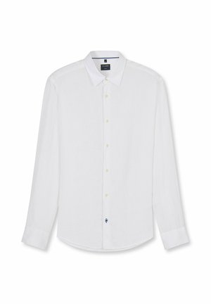 Witte overhemd met lange mouwen en standaard kraag, voorzien van een klein blauw borduursel bij de onderste knoop, plat uitgestald.