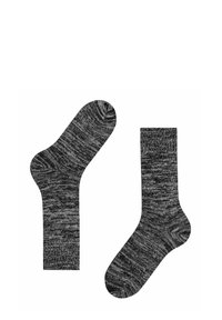Szare i czarne skarpetki w marmurkowy wzór z prążkowanym ściągaczem, miękką teksturą i bezszwowym wykończeniem palców. Odpowiednie do codziennych stylizacji.