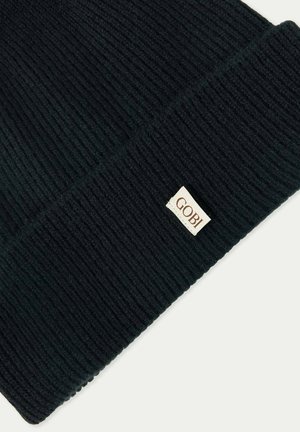 Schwarze gerippte Strickmütze mit umgeschlagenem Saum und einem kleinen gestickten "GOBI"-Label. Weicher Textil, enganliegender Sitz, geeignet für kältere Wetterbedingungen.