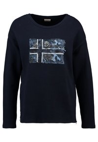Camisa de manga larga azul marino con un diseño de bandera texturizado en azul y gris, que presenta adornos de hojas y cuentas en la parte delantera.