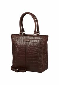 Borsa a tote in pelle con motivo coccodrillo marrone, dotata di due manici e una tracolla regolabile, con accessori in argento e un logo brandizzato.