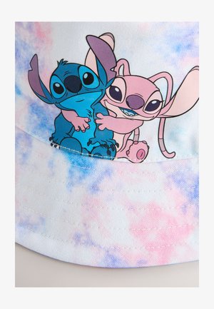 Bucketmössa med ett pastellfärgat tie-dye-mönster med blå och rosa tecknade figurer som kramas. Materialet är ett texturerat tyg med synliga sömmar.