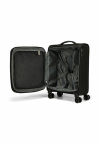 Valigia rigida nera con un compartimento con cerniera, cinghie interne e quattro ruote. Caratterizzata da una fodera grigia con un motivo sottile.