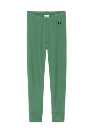 Leggings verts ajustés avec une taille fine et une petite étiquette noire sur le côté supérieur gauche.
