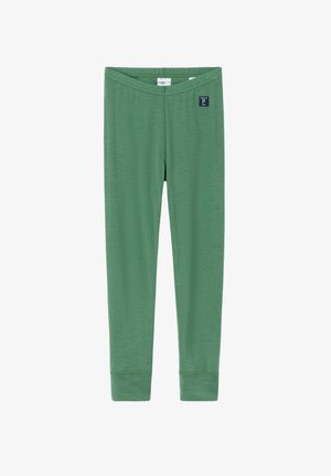 Leggings verts ajustés avec une taille fine et une petite étiquette noire sur le côté supérieur gauche.