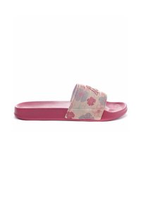 Sandalia de deslizamiento rosa con una suela texturizada y una correa que presenta un patrón floral en colores pastel sobre un fondo claro.