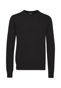 Czarny sweter z okrągłym dekoltem wykonany z teksturowanej dzianiny. Posiada długie rękawy oraz ściągacze przy mankietach i dole. Prosty design, bez wzorów i ozdób.