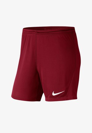 Shorts de sport bordeaux avec taille élastique et logo Nike swoosh blanc sur la partie inférieure de la jambe gauche sur fond blanc.