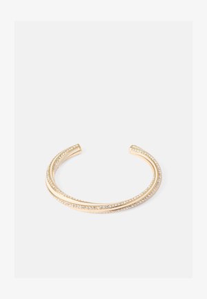 Zelta tonēts atvērts aproce ar divām savītušām vijām, rotāta ar maziem caurspīdīgiem rhinestones pa malām. Gluda virsma.