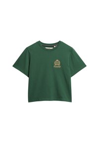T-shirt en coton vert avec un col rond et des manches courtes. Présente un petit logo doré sur la poitrine gauche. Texture douce et lisse.