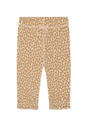 Beige Baby-Leggings mit braunem Blumenmuster, elastischem Bund, Schleife vorne und gerafften Säumen.